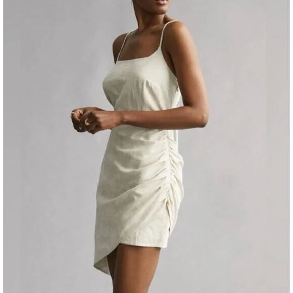 Anthropologie Flat White Linen Cotton Asymmetrical Mini Dress Beige Back Cut Out - Picture 2 of 10